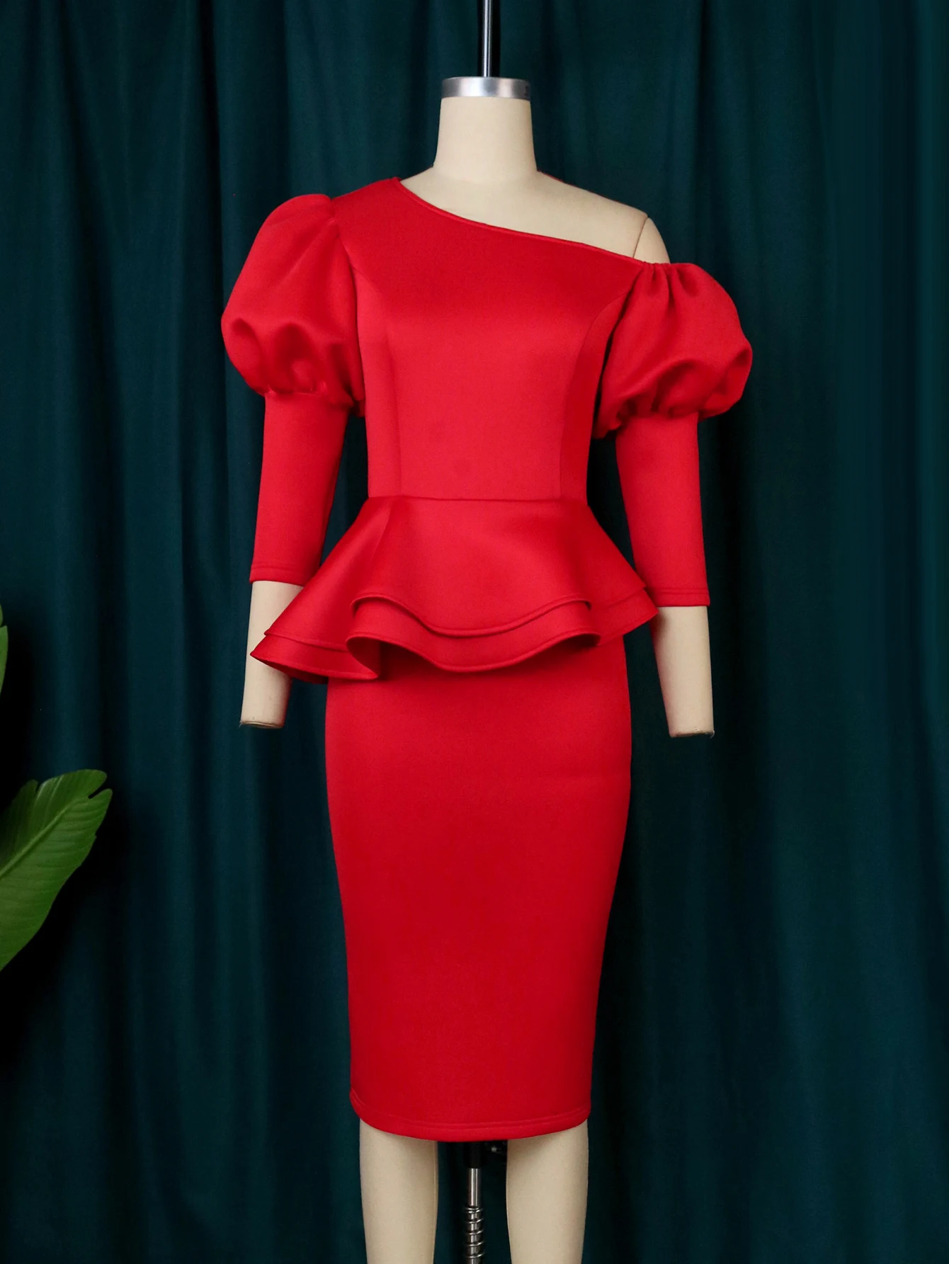 ONTINVA Red Peplum Dresses Plus Size 4XL Cold Shoulder Puff 3/4 Sleeve Christmas Trim Ruffles Evening Birthday Event Gowns