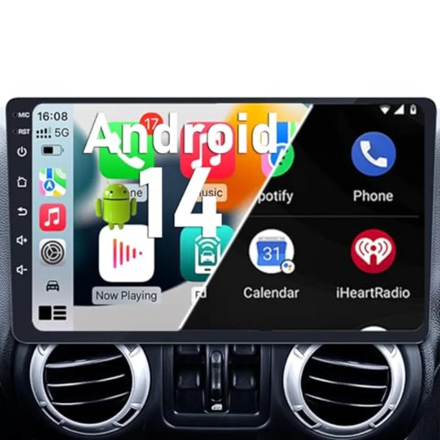 

Android 14 Car Stereo Radio Upgrade for Jeep Wrangler JK Compass Grand Cherokee Dodge Ram 1500: 10 inch QLED Touchscreen, Black