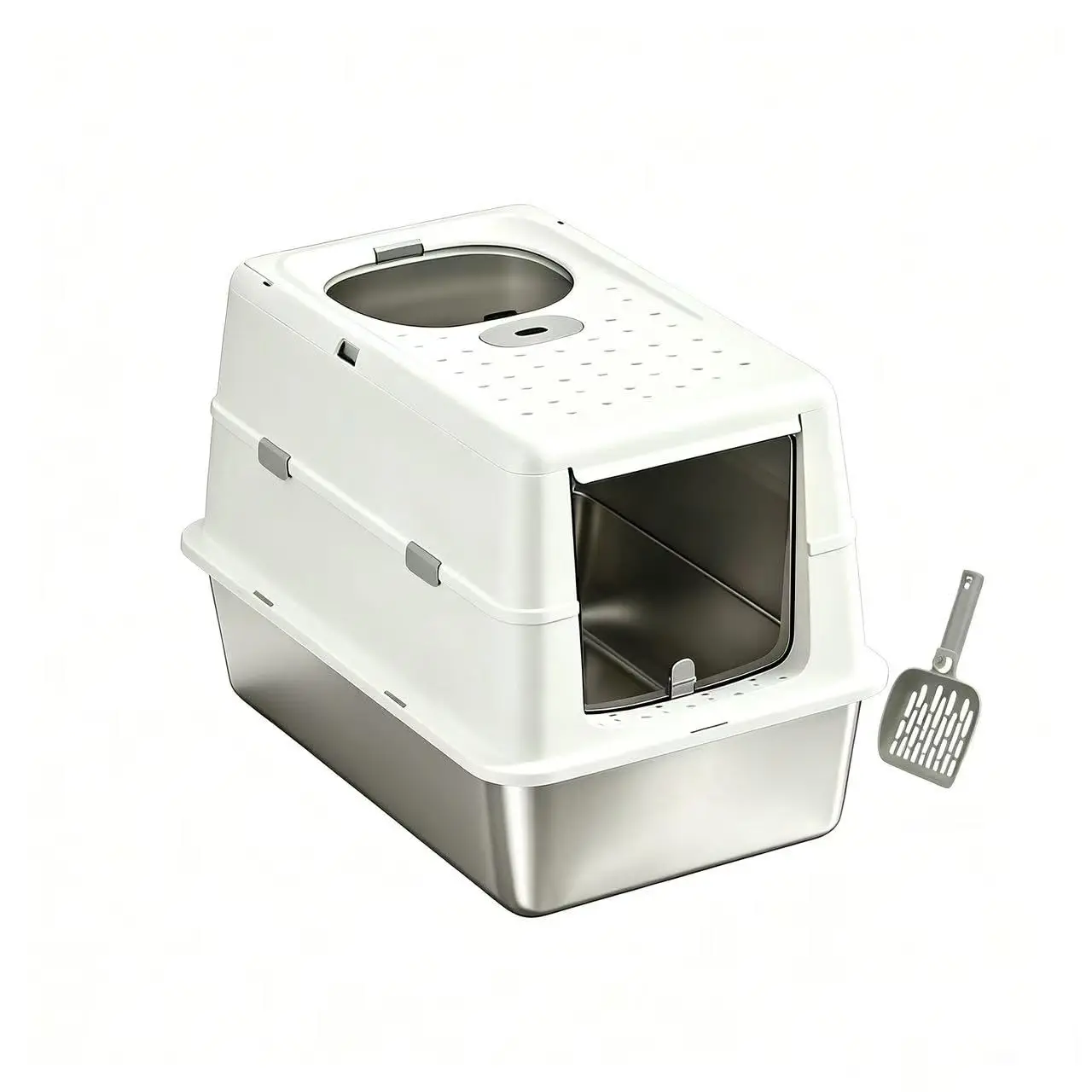 Extra-Large XXL Enclosed Cat Litter Box for Cats, Stainless Steel, with Lid and Scoop Non-Stick, Leak-Proof, Odorless Easy Clean view 6