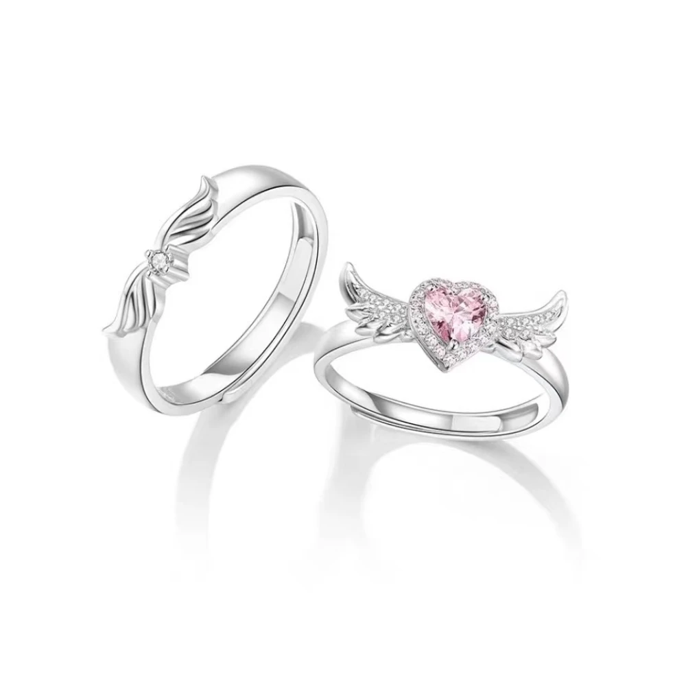YILUOCD 2Pcs Pink Heart Zircon Rings for Couple Gold Plated Angel Wing Ring Eternity Forever Love Fine Jewelry Wedding Gift