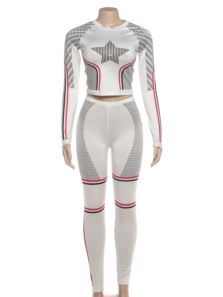 Cutenew シックな星柄プリント 2 点セット女性秋 o ネックフルスリーブクロップトップス + レギンスマッチングベーシックストリートウェアスポーティな衣装