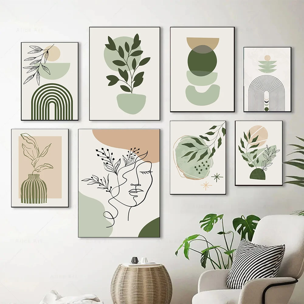 Boho Sage Green Plants Posters  Abstract Artwork Geometric Wall Art Canvas Painting Nordic Art Poster Living Room Home Decor