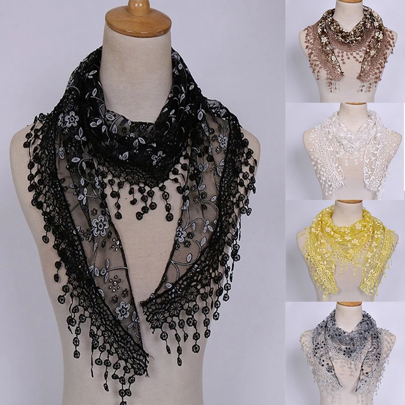 1Pc Women Fashion Triangle Tassel Wrap Lady Shawl Lace Sheer Floral Print Scarf Scarves For Women Drop Shipping