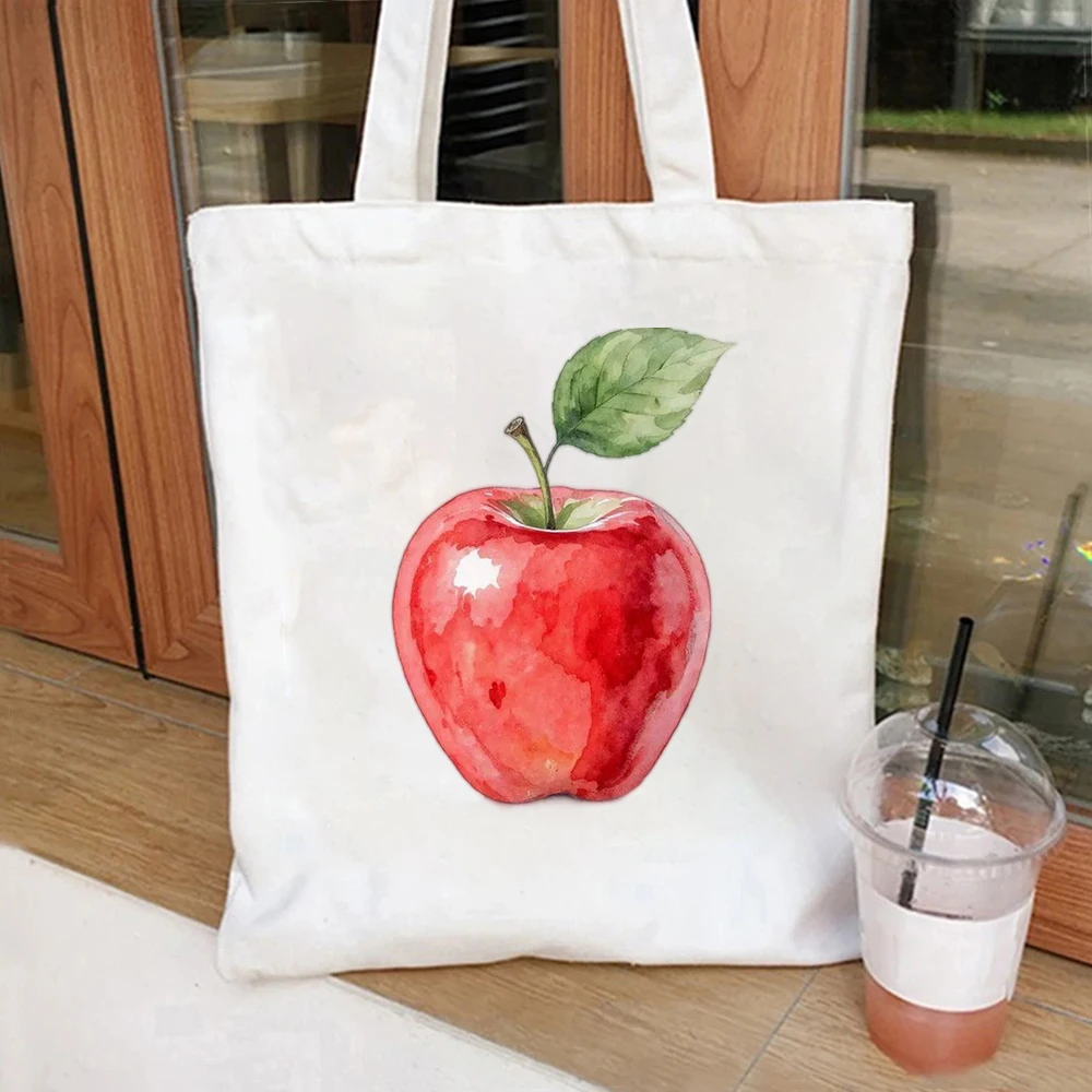

Vibrant Red Apple Canvas Tote Bag Shoulder Bag with Realistic Fruit Art Print Reusable Handbag for Back to School daily use
