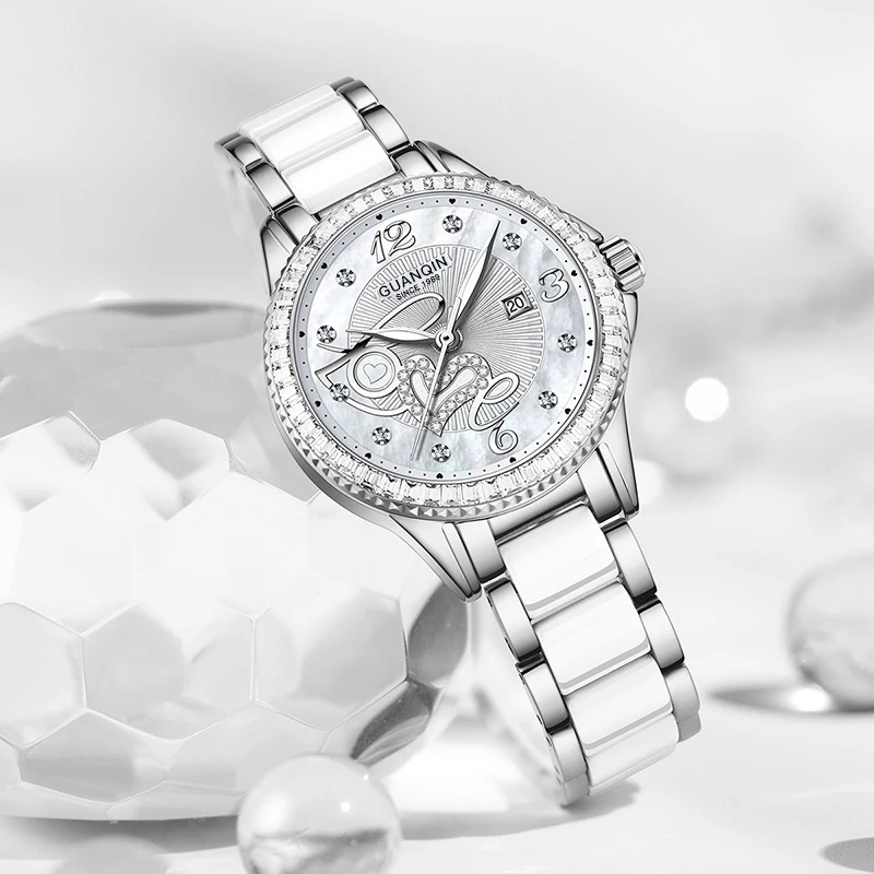 GUANQIN Luxury Women's Quartz Watch Mother-of-Pearl Dial LOVE Element Luminous Hands Leisure 30M Waterproof Watch for Lady Gifts