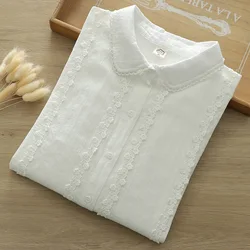 2026 Sweet White Lace Stitch Long Sleeve Peter Pan Collar Cotton Shirts Blouses Female 100% Cotton Yarn White Shirts