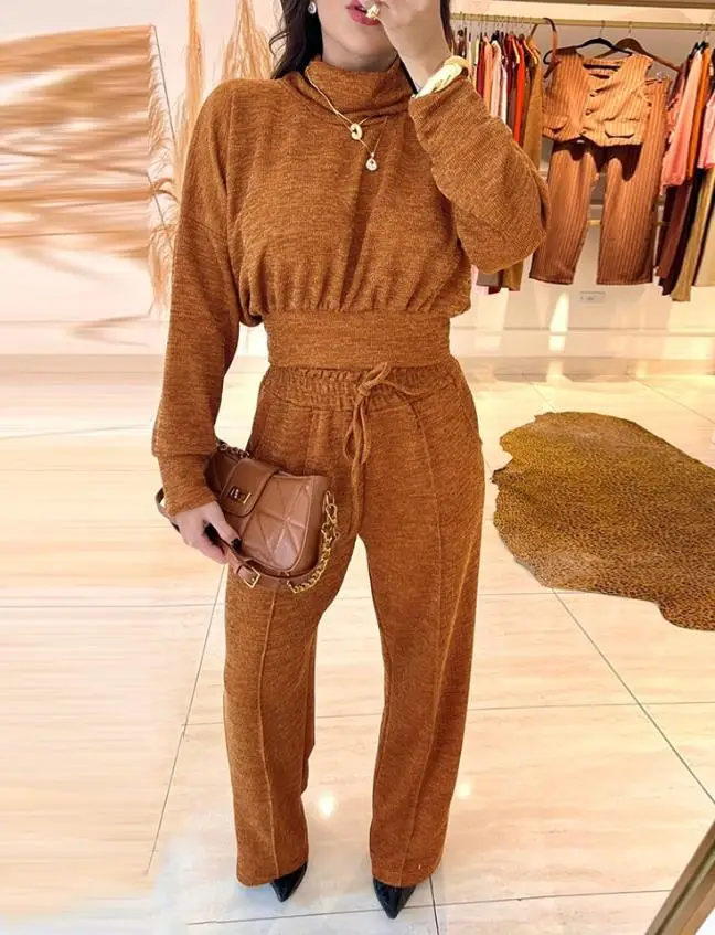 

Two Piece Set Women Outfit 2025 Spring New Long Sleeve High Neck Pullover Knit Top & Casual Waist Lace Up Wide Leg Pants Set