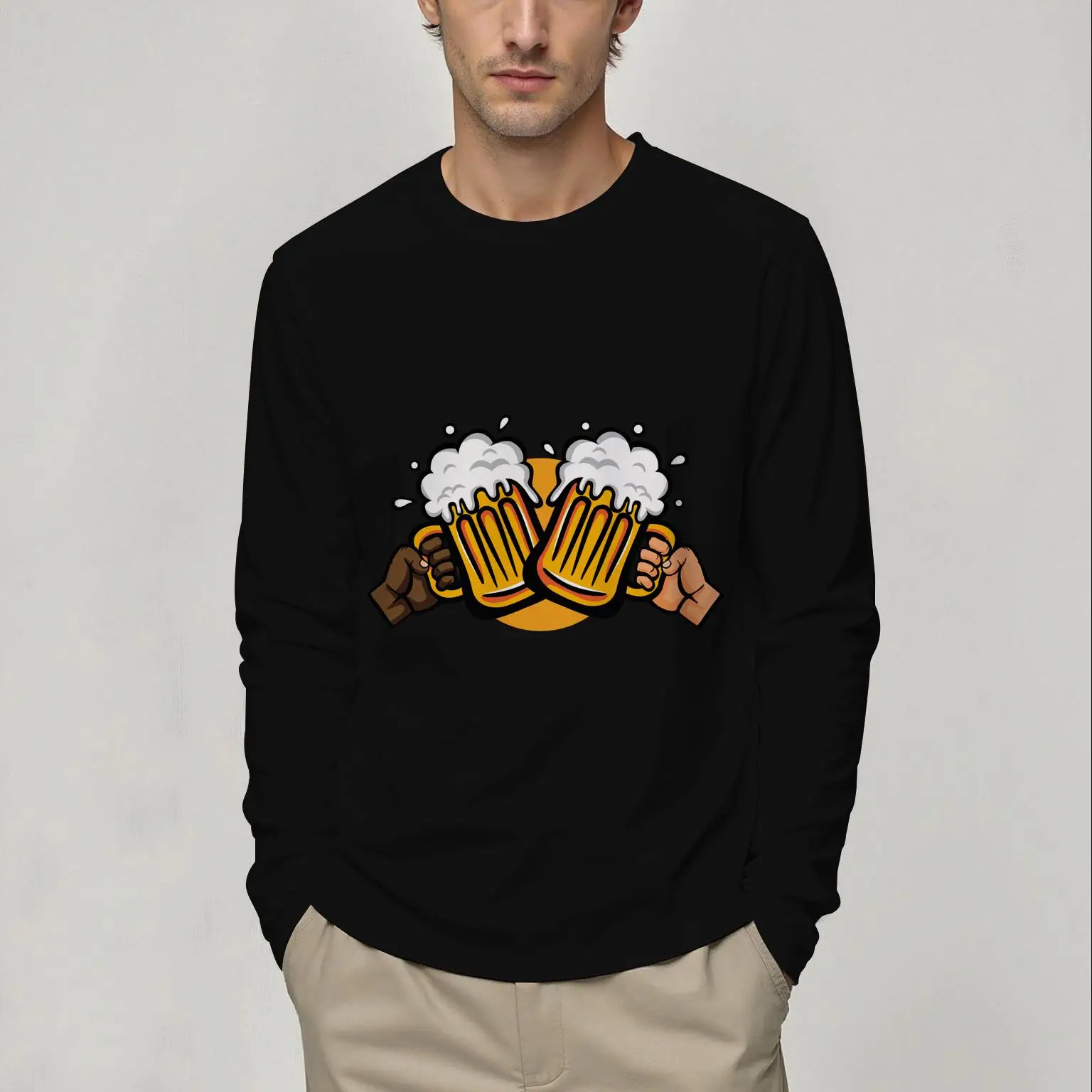 Neues Langarm-T-Shirt, neues Herren-Rundhalsausschnitt, Frühling und Herbst, Bier, lässige Mode, bequem, vielseitig, atmungsaktiv