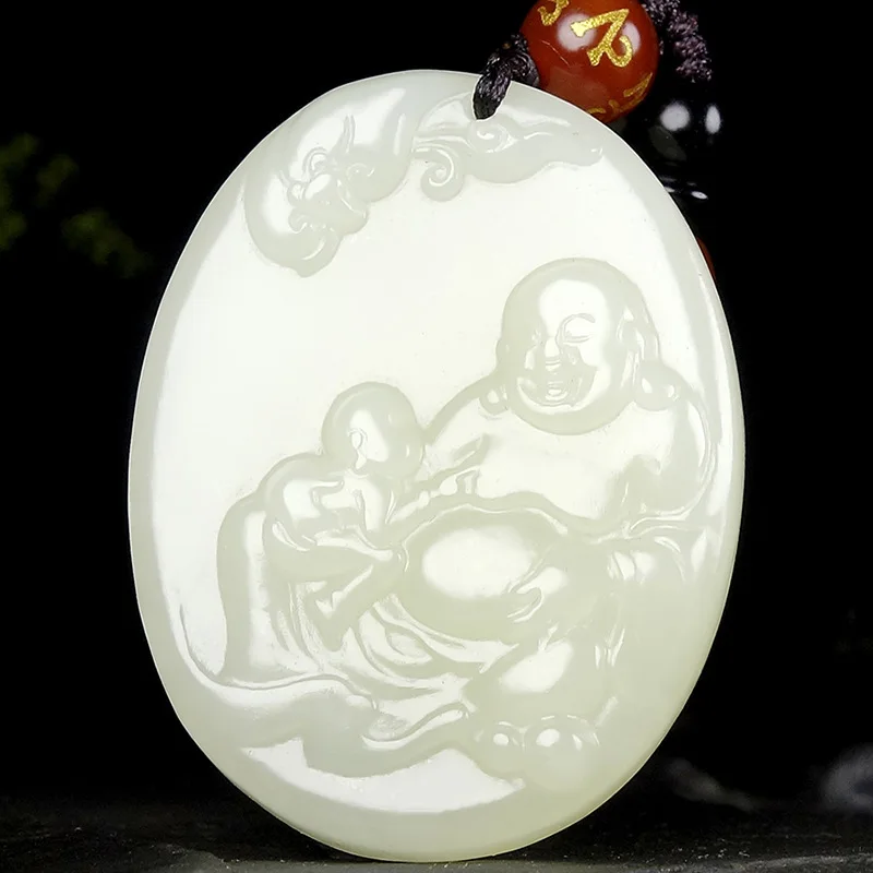 Laughing , Hotan White Big-Bellied Maitreya Buddha Jade Pendant Brings Fortune
