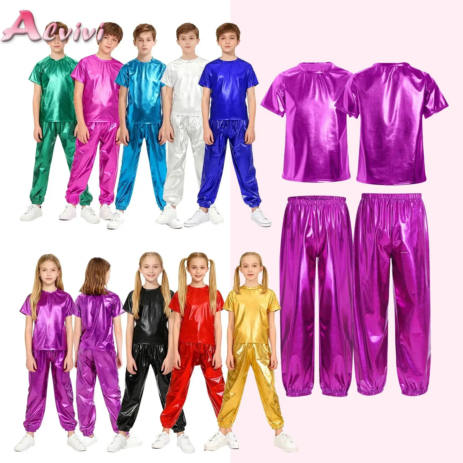 

Unisex Kids Girls Boys Dance Party Performance Costume Short Sleeve Metallic Shiny T-shirt with Pants for Jazz Hip Hop Modern