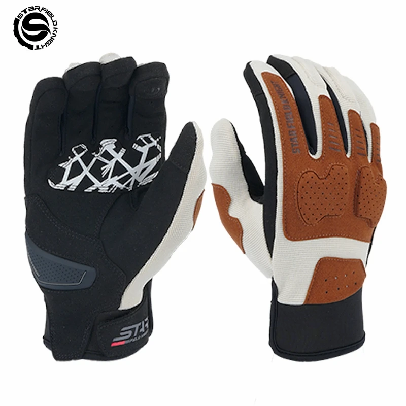 SFK Motorcycle Cushioning Joint Protection Riding Gloves Beige brown Full Finger Summer Breathable Non slip Wear resistant Gears