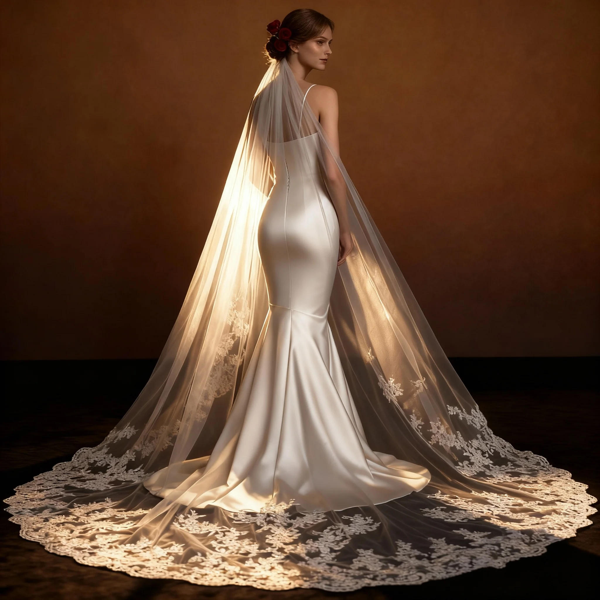 

[Veil&Vow] Modern Refined Cathedral Length Bridal Veil - Sheer Tulle Wedding Veil with Polished Floral Lace