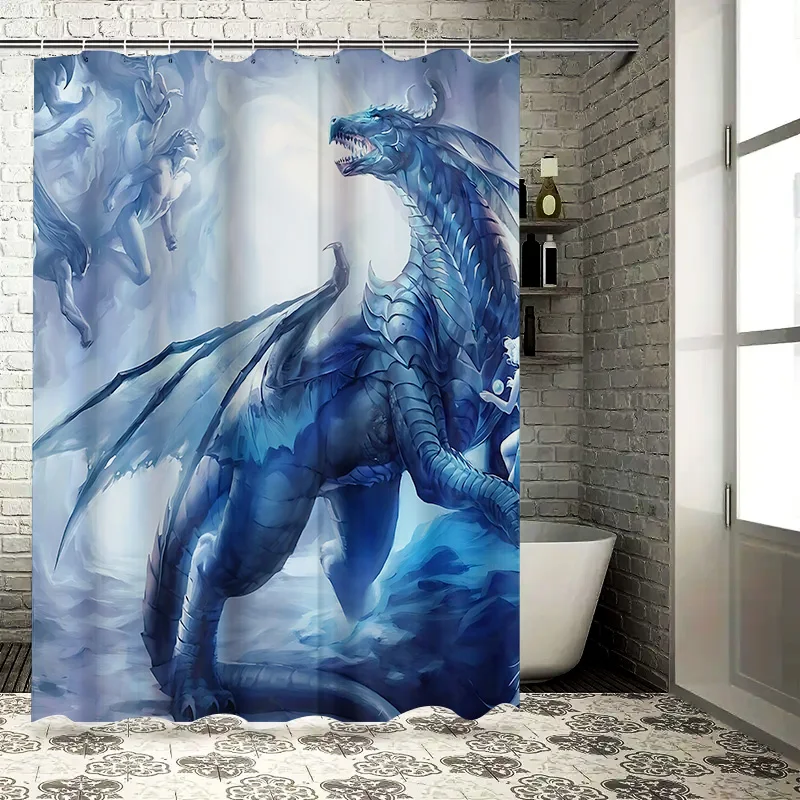 

Фэнтезийная занавеска для душа с синим драконом и мифическими существами, декор с крыльями Majestic для спокойного волшебного купания, легко очищаемая