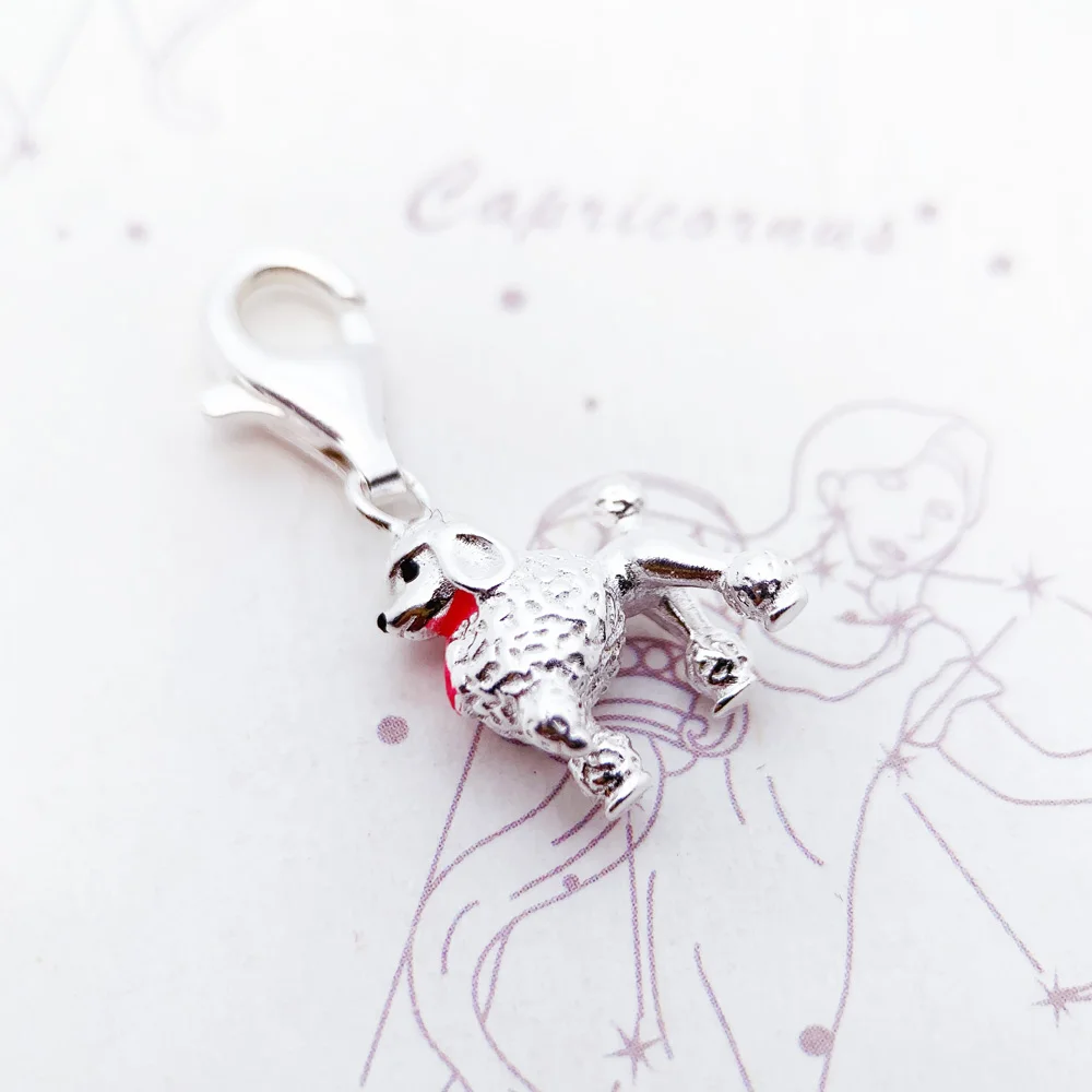 Poodle Dog Doggy Animal Pendant Original 925 Sterling Silver Cute Bead DIY Floating Charms