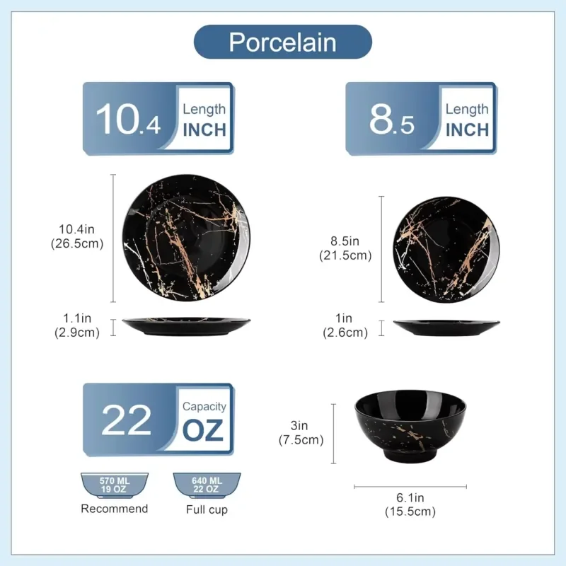 New Arrival Plates and Bowls 12 Pieces Dinnerware Sets Black and Gold Dish Set Gold Splash Dishware Sets
