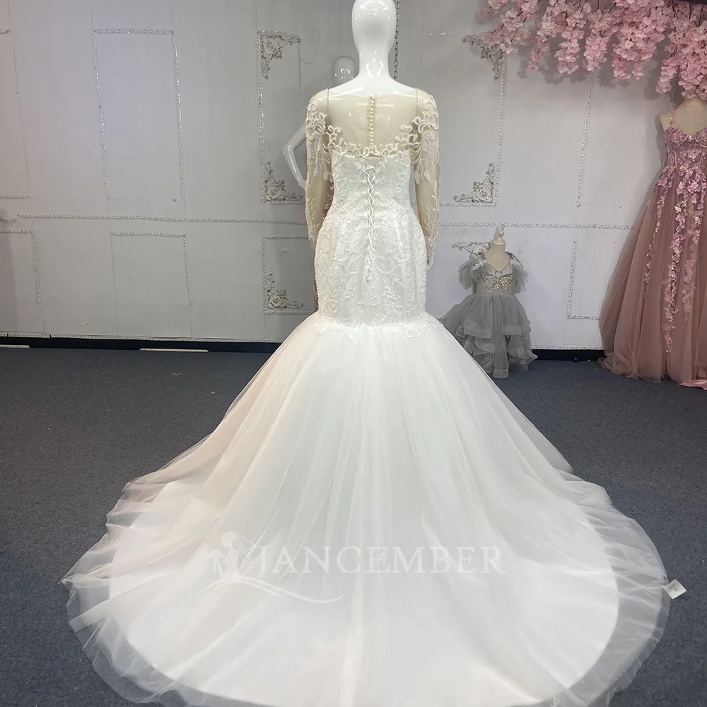 Customized Long Sleeves Wedding Dress 2025 Gorgeous O-Neck Beading Mermaid Princess Sweep Train Bride Plus Size Vestido de Noiva