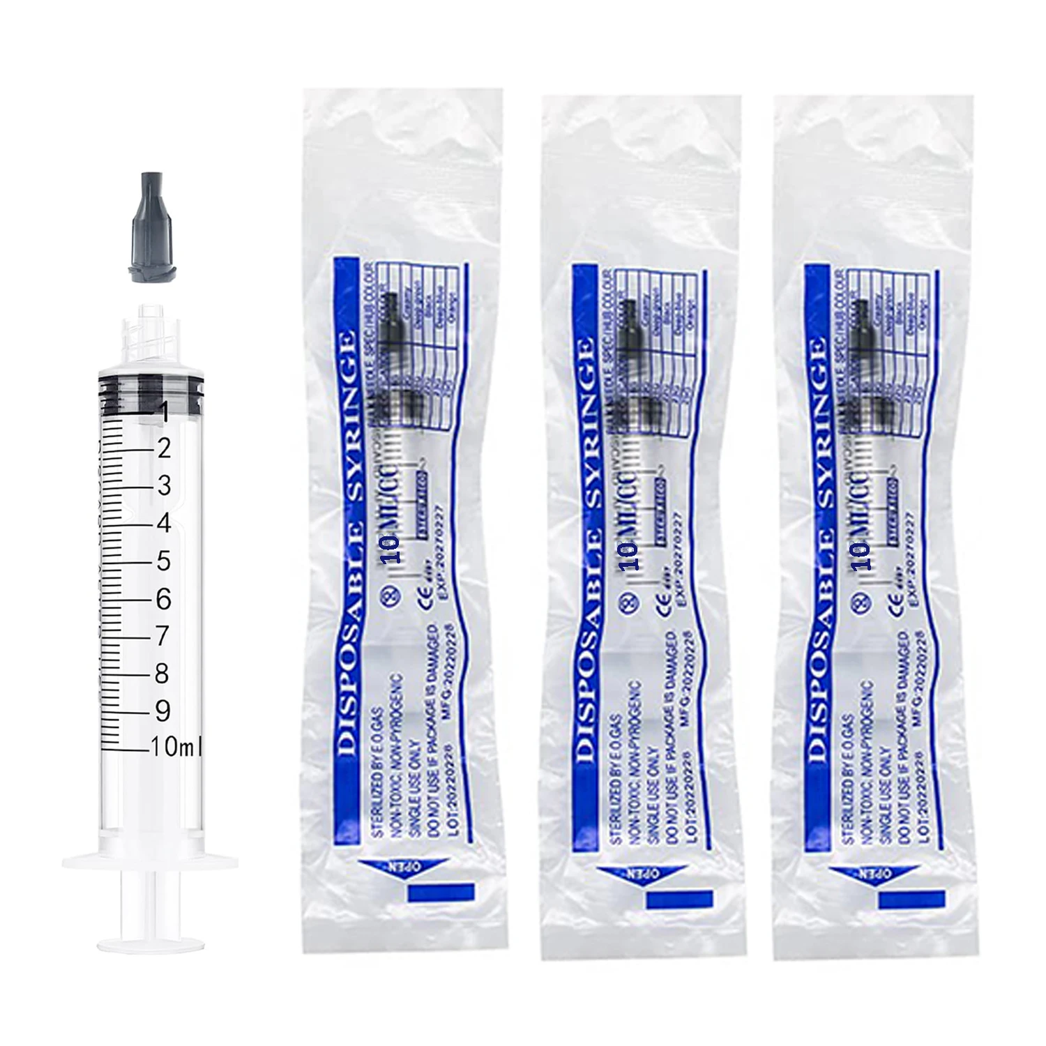 100PCS Sterile 10ml/cc Luer Lock Syringe With Black Cap Individually Packed Plastic Injector for Liquid Measuring