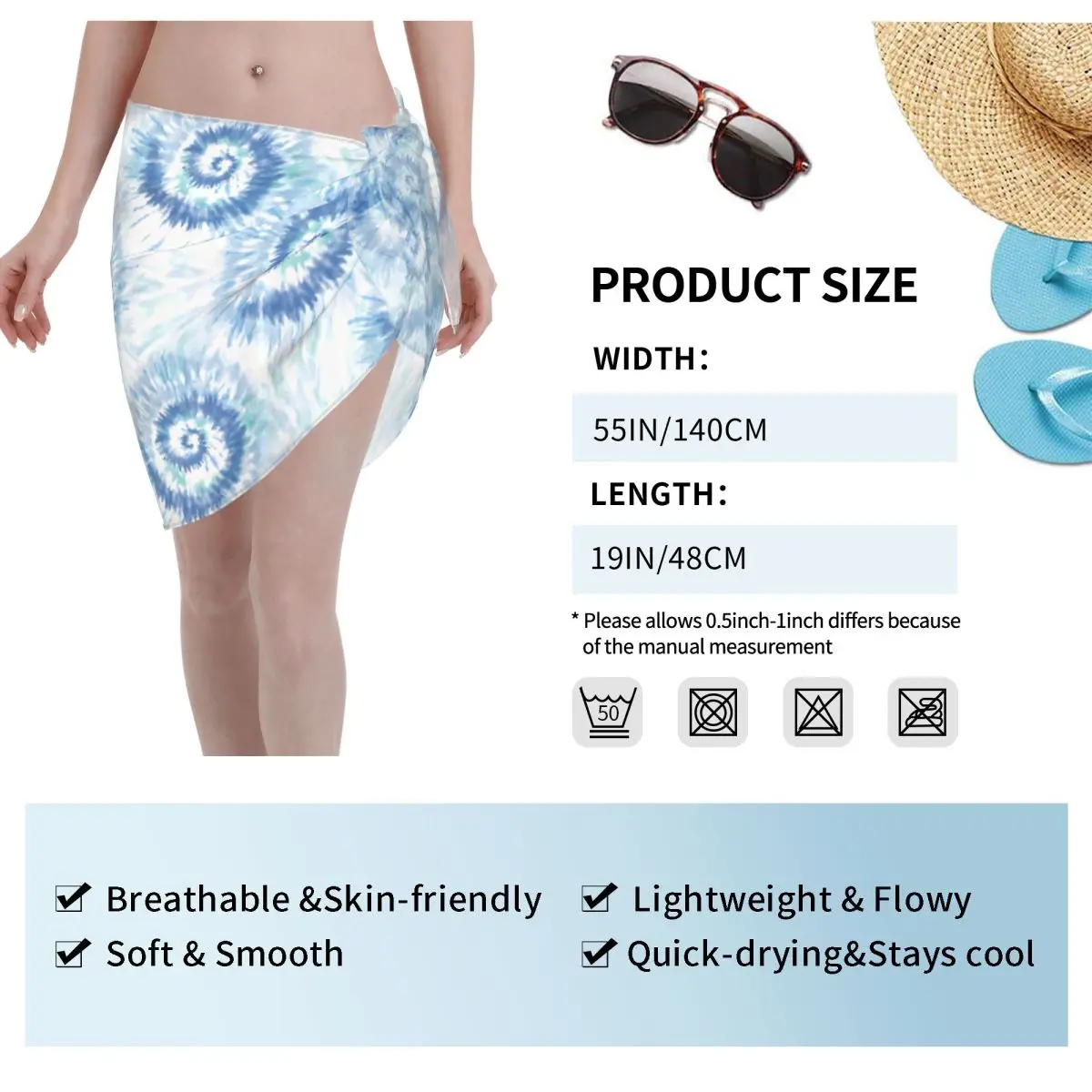 مخصص لملابس السباحة الأزرق التعادل صبغ المرأة قصيرة Sarongs الشاطئ التفاف المرأة بيكيني للشاطئ التفاف مجردة Sarongs ملابس السباحة التستر