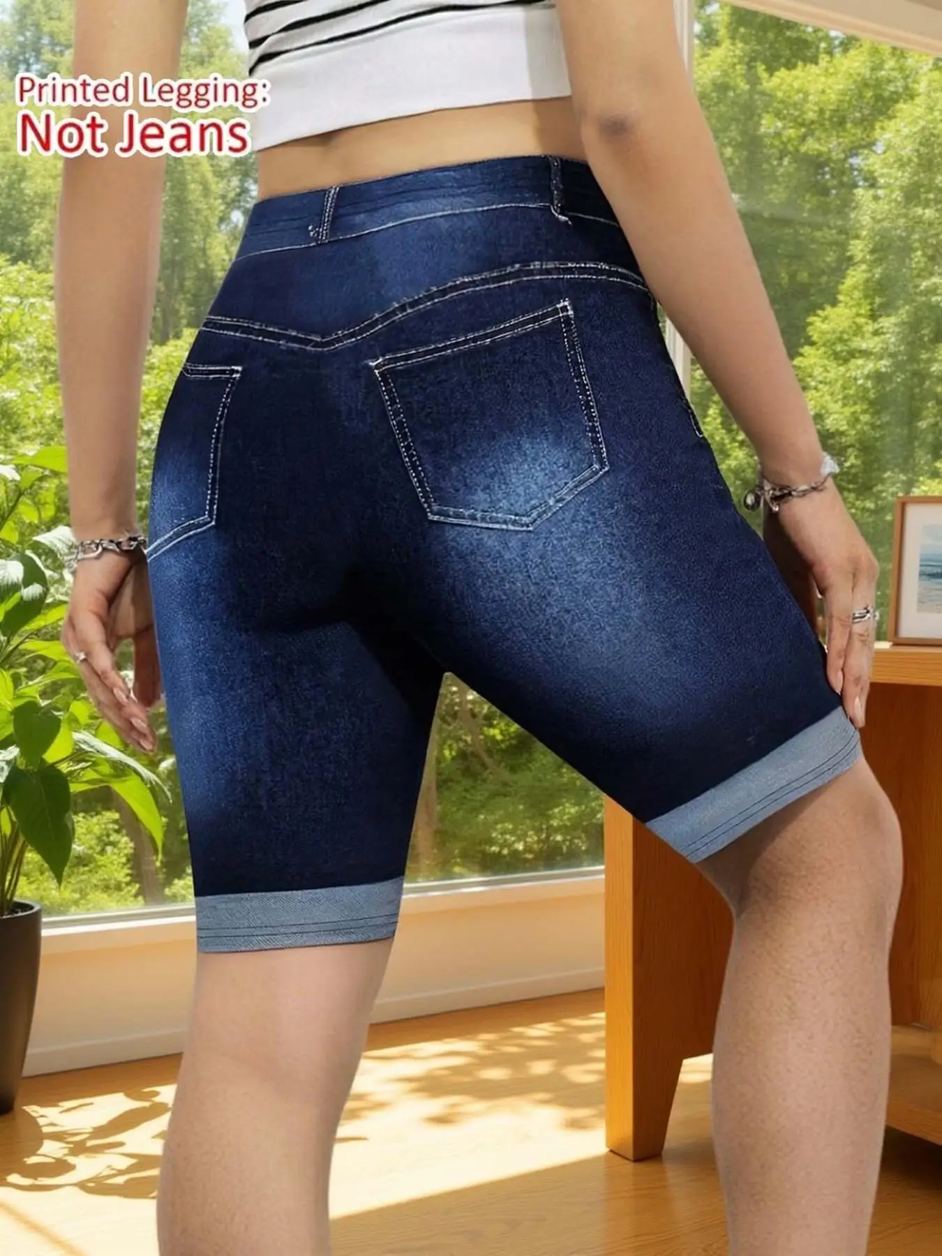 Women's Imitation Denim Printed Leggings, Non-Denim Fabric Casual Skinny Pants, Outdoor Sports Yoga Pants