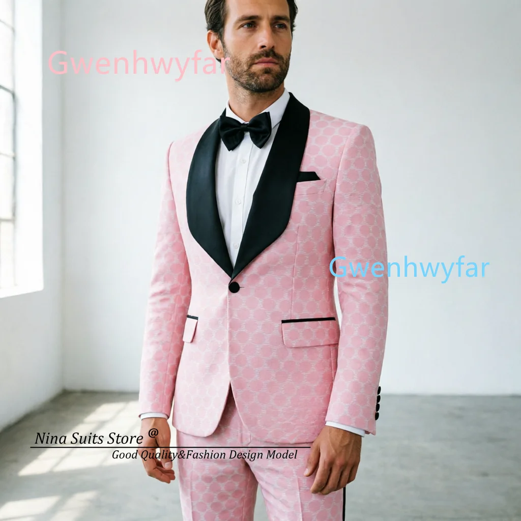 G&N 2026 Men's Pink Polka Dot Jacqaurd Suit 2-Piece Set Single-Button Jacket And Slim-Fit Pants Wedding Formal Wear Customizable