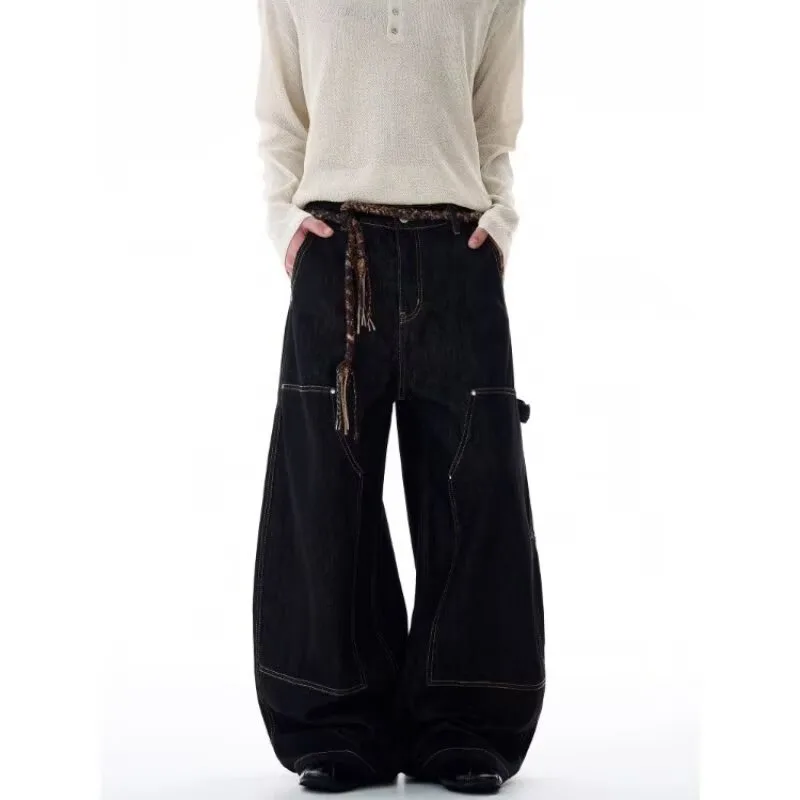 

Мужские джинсы в американском стиле, однотонные лоскутные повседневные уличные брюки с широкими штанинами, свободные мужские джинсовые брюки, осень