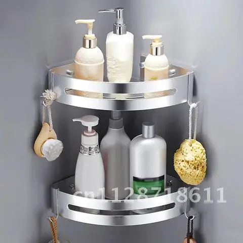 Shower Caddy Storage Rack Holder 2 Tiers Corner Bathroom Shelf Wall Mounted 6 Hooks No Drilling Adhesive for Kitchen Hanging