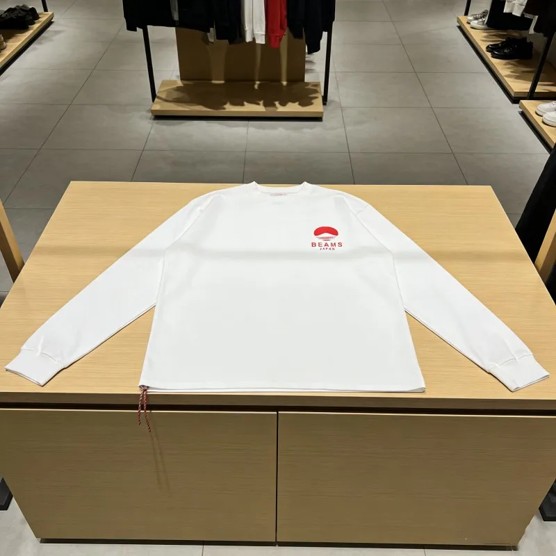 Men Beams Tshirts Knight Warhorse Pattern Red Logo Woven Rope Long Sleeved Tops White Breathable Cotton Women Street Tops Outfit