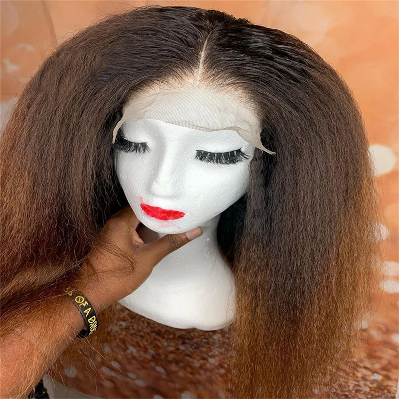 Yaki Ombre Brown Blonde 30Inch Long Kinky Straight Lace Front Wig For Black Women Baby Hair Synthetic Preplucked Glueless Daily