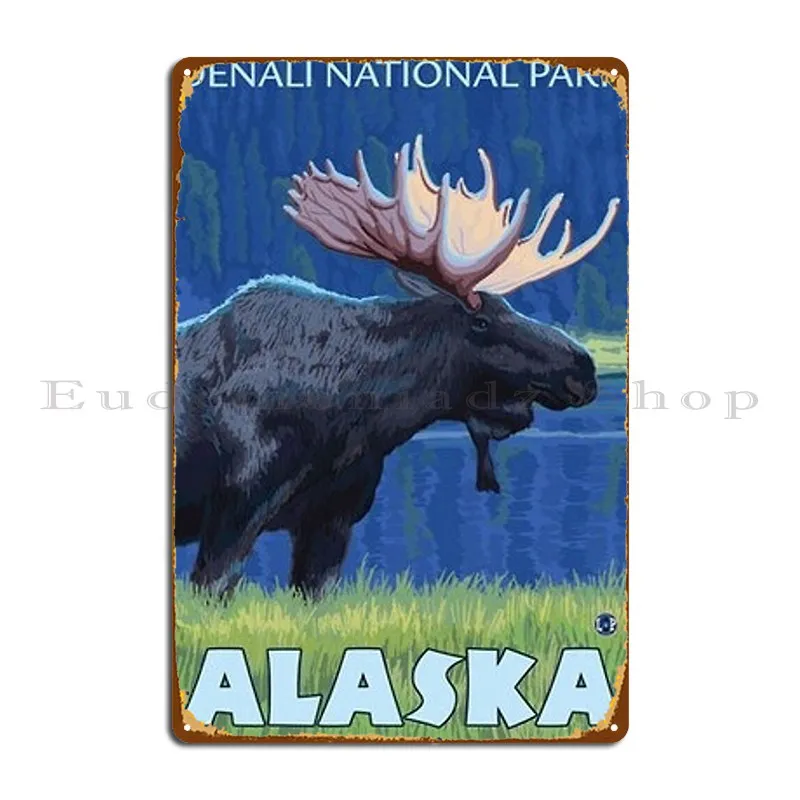 Denali National Park Alaska Vintage Travel Decal Moose Metal Sign Garage Classic Pub Printed Party Tin Sign Poster