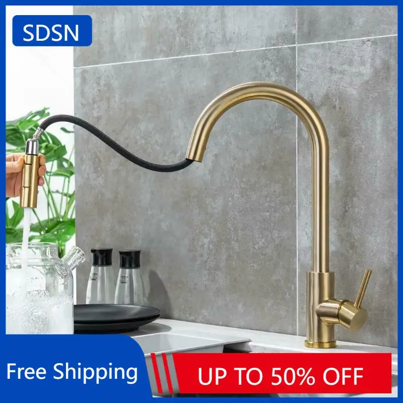 Brushed Gold Kitchen Faucets Single Handle Pull Out Kitchen Sink Mixer Tap Stainless Steel Hot Cold Pull Down Kitchen Faucet