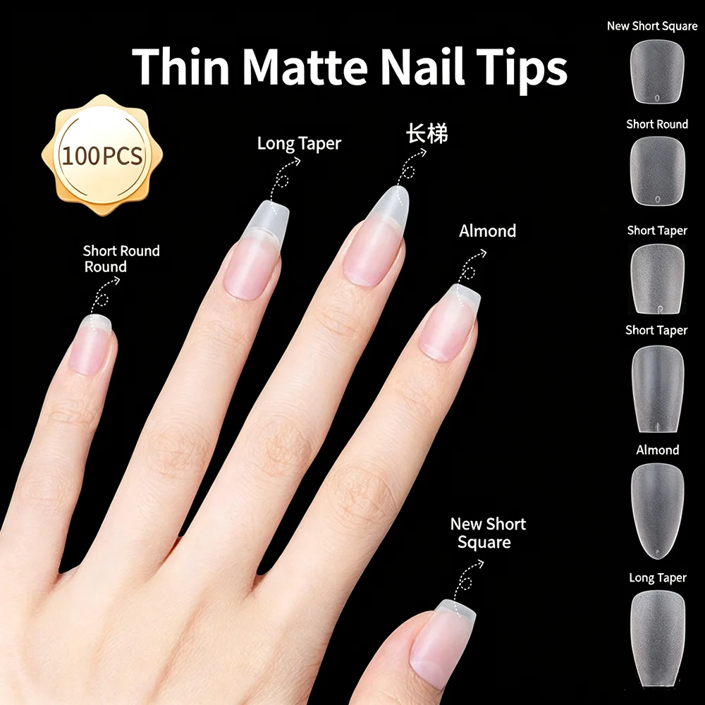 100pcs Boxed Press On Nail Tips Short Oval Matte Transparent Full Cover False Nails No Buffing