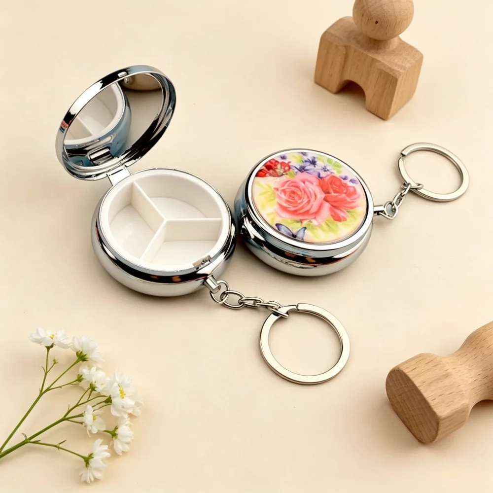 2pcs Retro Flower Rose Printing Round Medicine Box, Built-in Mirror and Keychain, 3-compartment Portable Mini Medicine Storage Box, Waterproof Compact Tablet Vitamin Storage Box, Suitable for Women's Daily Travel and Outdoor Use