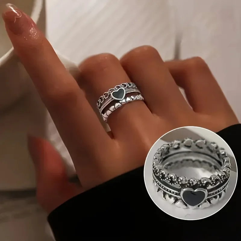 Heart Shaped Dropper Layered Personalized Jewelry Ring, European and American Dark Style Retro Nostalgic Women's Black