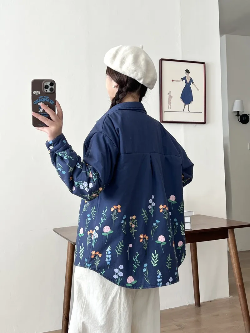 Japanese Sweet Mori Girl Floral Printed Cotton Padded Shirts Women Autumn Winter Long Sleeve Warm Loose Prairie Chic Outerwear