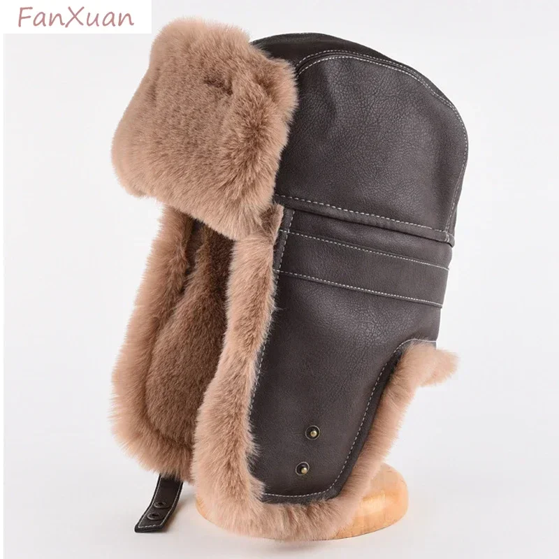 Faux Fur Leather Bomber Hats with Earflaps Trapper Winter Aviator Hat for Men Women Thick Warm Ski Cap Russian Ushanka