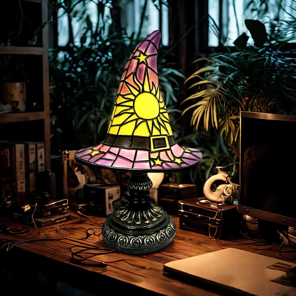 新しいステンドグラス魔女帽子ランプ装飾品テーブルデスク装飾リビングルーム寝室ハロウィンクリスマス装飾 ﻿