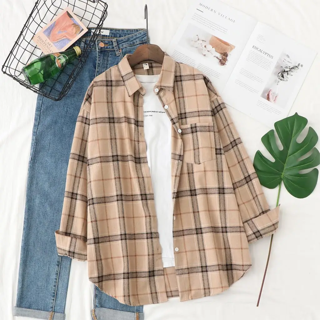 2023 Autumn New Casual Loose Plaid Shirt Women Fresh College Style  Long Sleeve Blouses and Tops Female Checked Shirts.Clothes