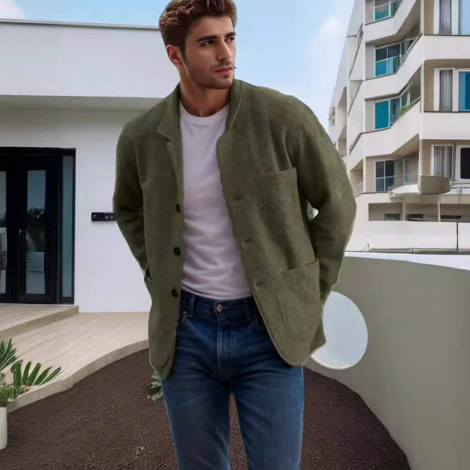 Mens Dark Gray Wool Blend ButtonUp Blazer Jacket Notched Collar Patch Pockets Relaxed Fit Daily Casual Outer Coat