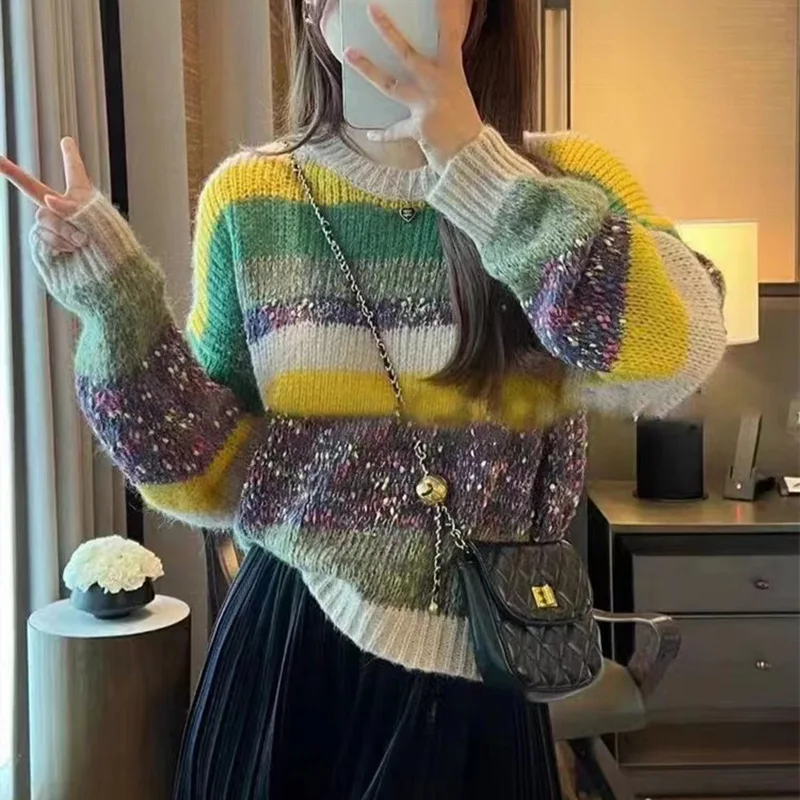 

Sequined O Neck Knitted Pullovers Women Long Sleeve Striped Jumper Loose Fit Patchwork Spliced 2024 Basics Slight Strech