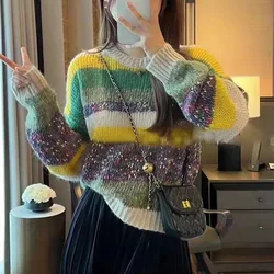 Sequined O Neck Knitted Pullovers Women Long Sleeve Striped Jumper Loose Fit Patchwork Spliced 2024 Basics Slight Strech