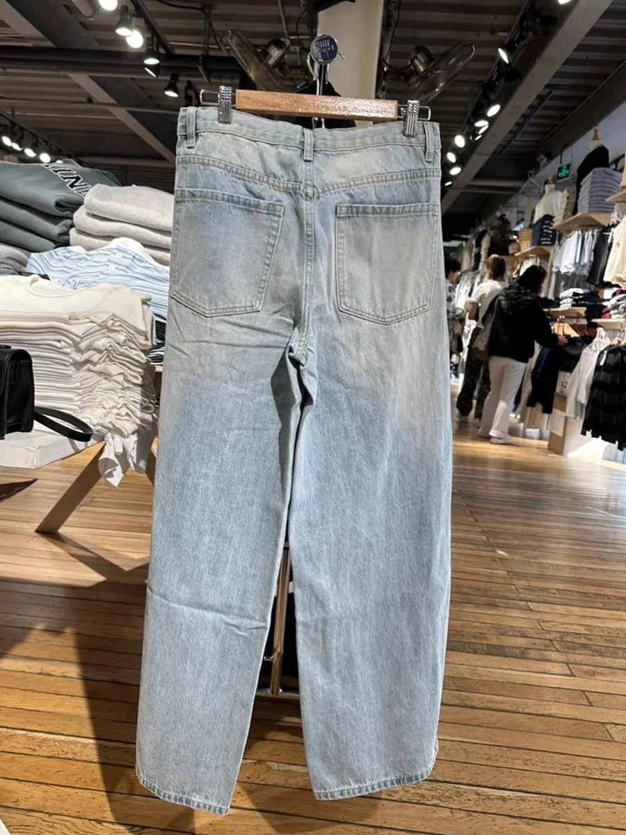 Vintage amerikanische Distressed lose Jeans Frau Sommer hohe Taille Taschen Mode Streetwear gerade Jeans hose Baggy Hose