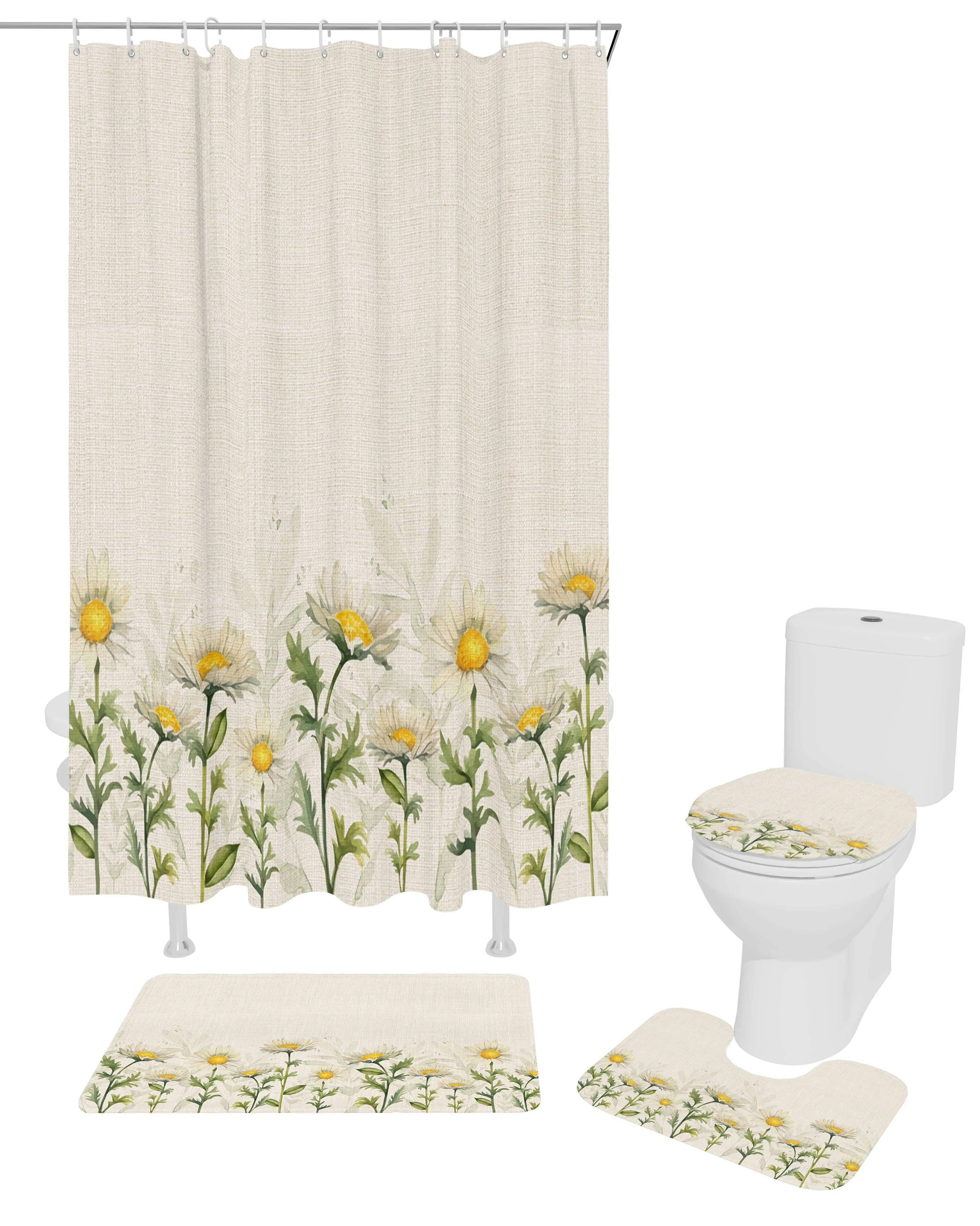 Leaf Daisy Watercolor Polyester printed shower curtain bathroom set,luxurious curtainsabstract 4-piece setcoral fleece floor mat