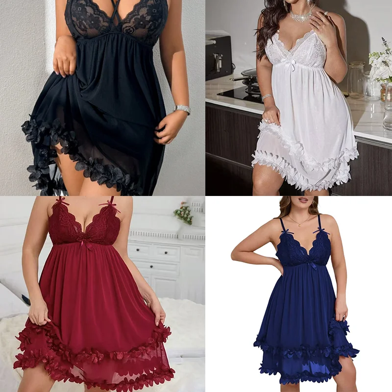 Large Size Sexy Lace Camisole Skirt Nightgown Transparent Mesh Sleepwear Comfortable Large Pajamas for Women