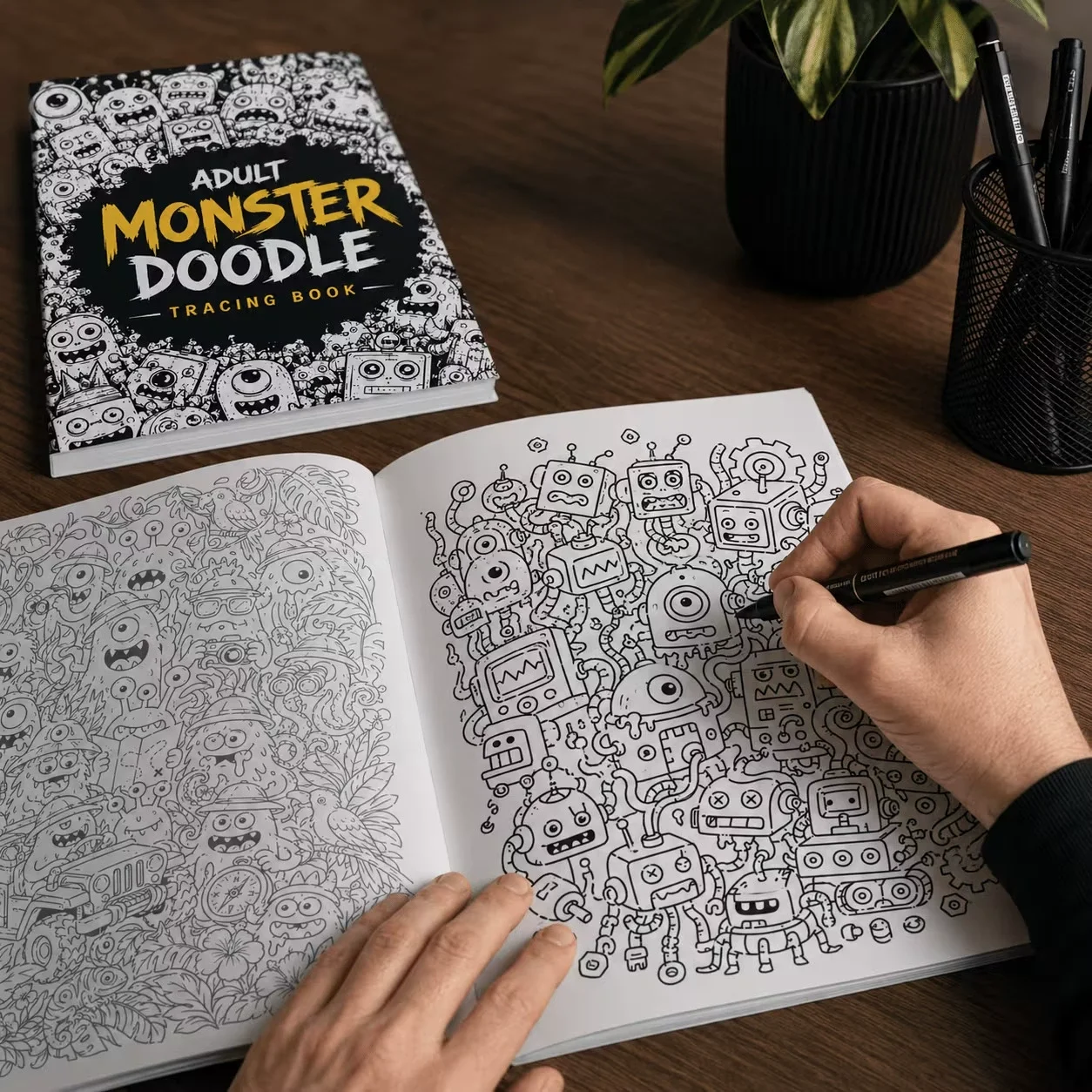 Monster Doodle Tracing Book for Adults, Cute Monster Line Art Trace and Color Book, Anti-Anxiety Graffiti Drawing Workbook