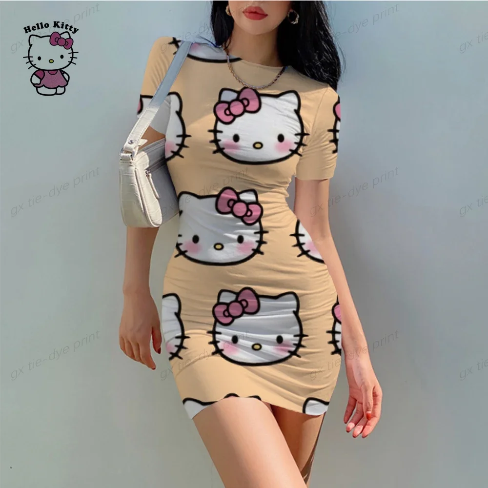 Vestido Hello Kitty 3D para mulheres, senhora, meninas, bodycon sexy, o-pescoço, manga curta, bolinhas finas, mini vestidos lápis, verão, 2024