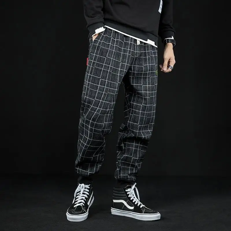 Summer casual pants, black plaid pants, men's loose fit, chubby Harlan pants, men's oversized trendy sports pants trend