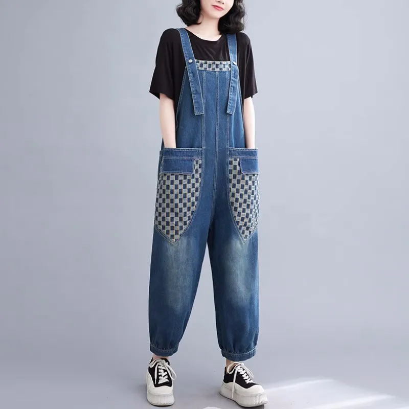 

Women Vintage Denim Jumpsuits 2023 Summer Fashion Patchwork Plaid Ankle Length Pant Big Pocket Loose Print Casual Harem Overalls