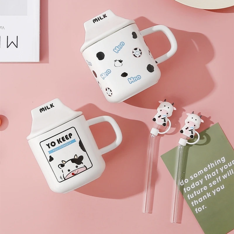 New Arrival Cute Cow Ceramic Coffee Mug With Lid And Straw Creative Milk Coffee Cup Wonderful Gift For Girls Drinkware Wholesale