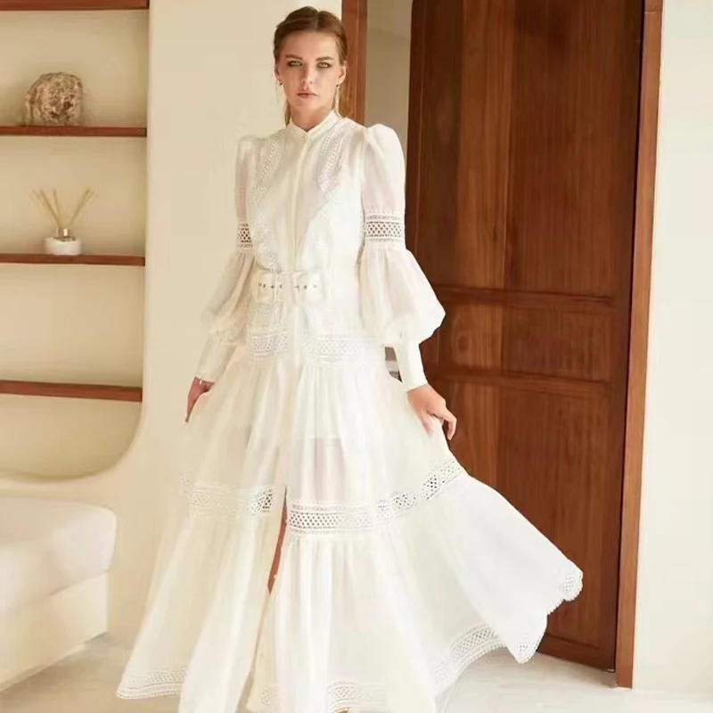 Ele Long Princ Dr with Stand Collar Hollow out Lace Pure Color A-Line Skirt Polyester Fabric Sweet Sle Women's Dr