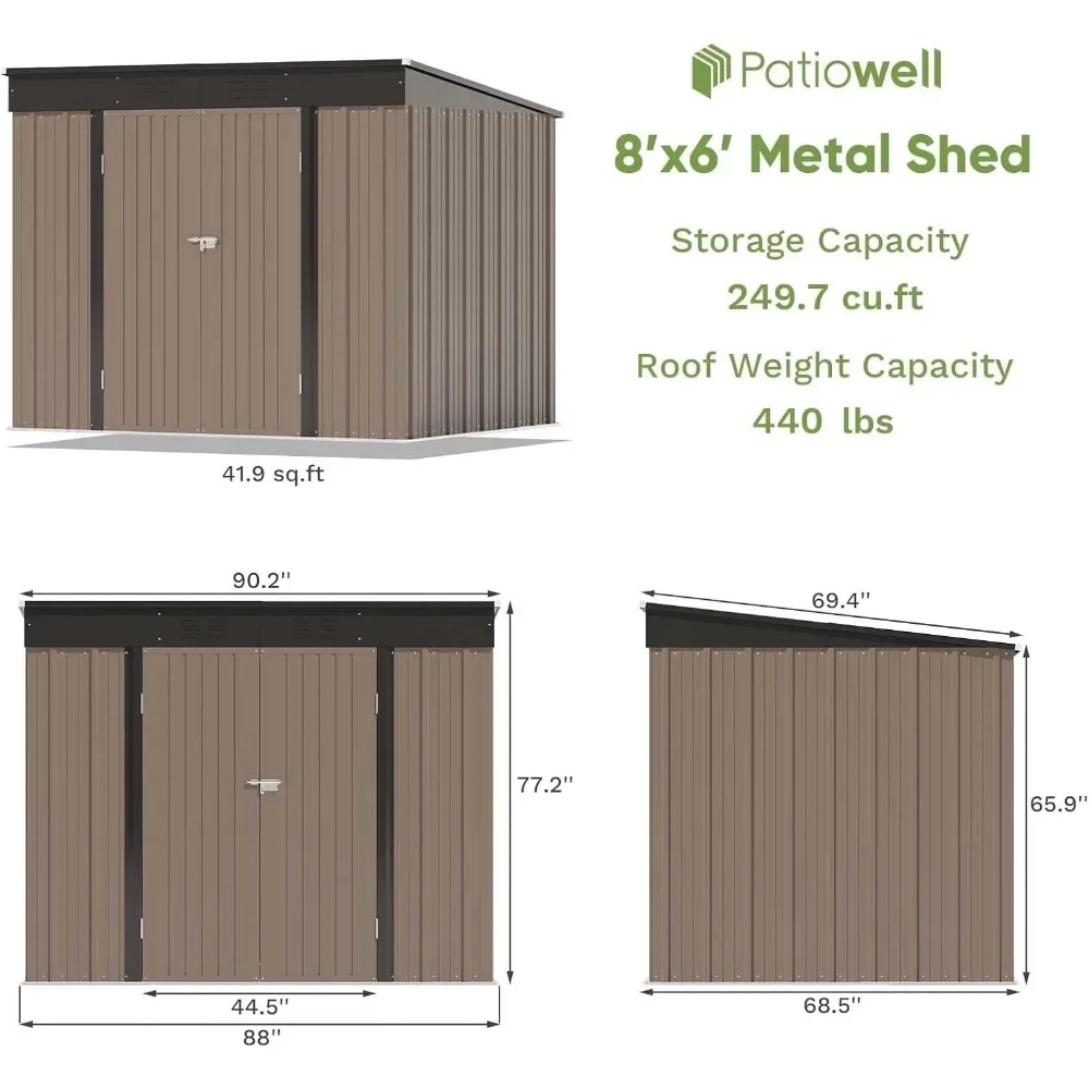 8' x 6' Metal Outdoor Storage Shed, Metal Shed with Vents and Lock, Brown